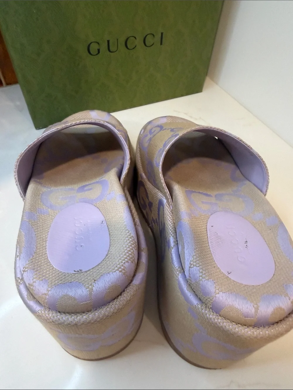 Gucci Beige & Lilac GG Pattern Platform Slide Sandals